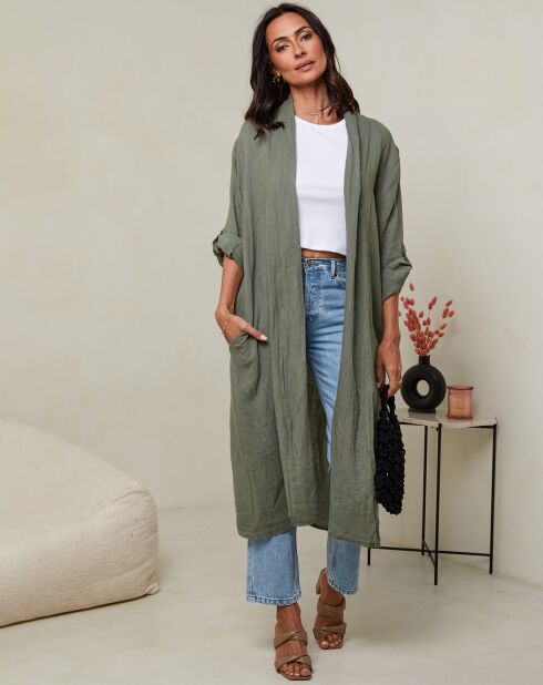 Khakifarbene Weste Tehani aus 100% Leinen