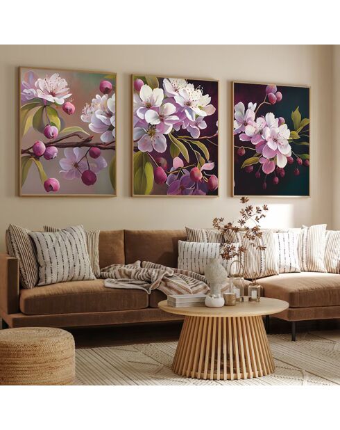 Peinture décorative encadrée 3 pièces Bouquet de Fleurs multicolore - 50x70 cm