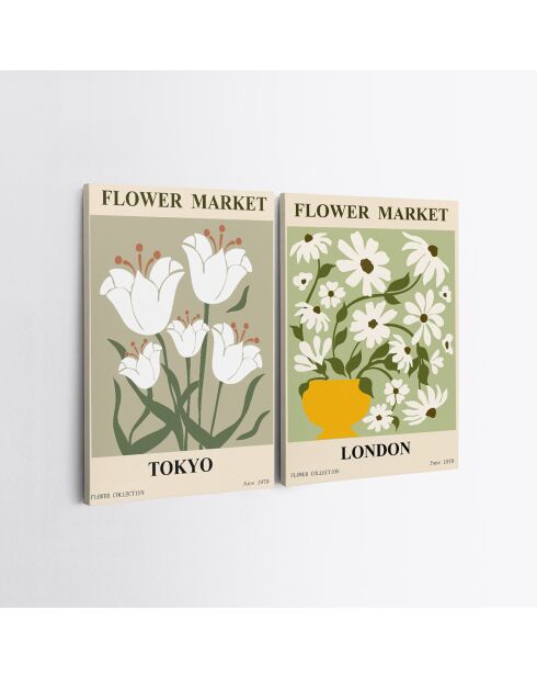 Toile décorative 2 pièces Bouquet de fleurs blanche multicolore - 110x70 cm