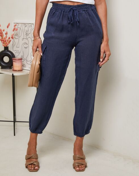 Marineblaue Hose Kessy aus 100% Leinen