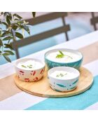 3 mehrfarbige La Mer-Tassen plus Tablett