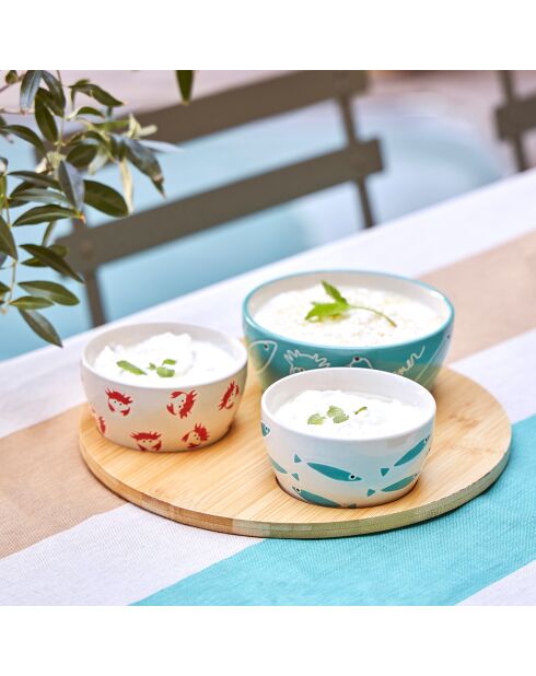 3 mehrfarbige La Mer-Tassen plus Tablett