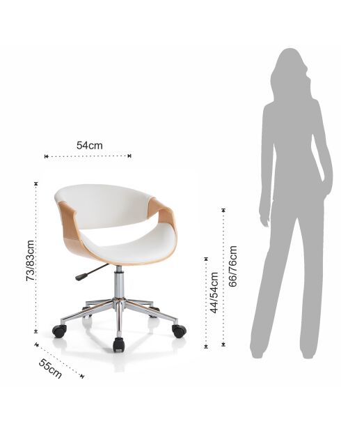 Fauteuil de bureau roulant visby blanc/bois - 73/83x54x55 cm