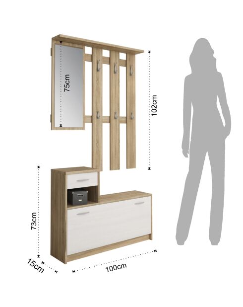 Meuble d'entrée ken wood chêne/blanc - 73x100x25 cm