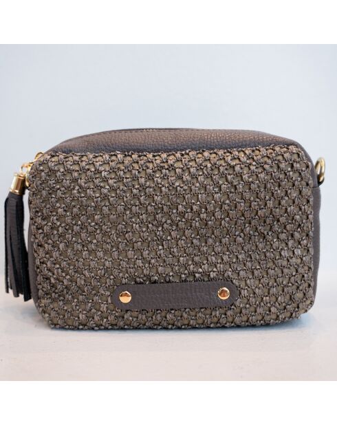 Sac bandoulière en Paille & Cuir Gaby gris foncé - 22x8.5x28 cm