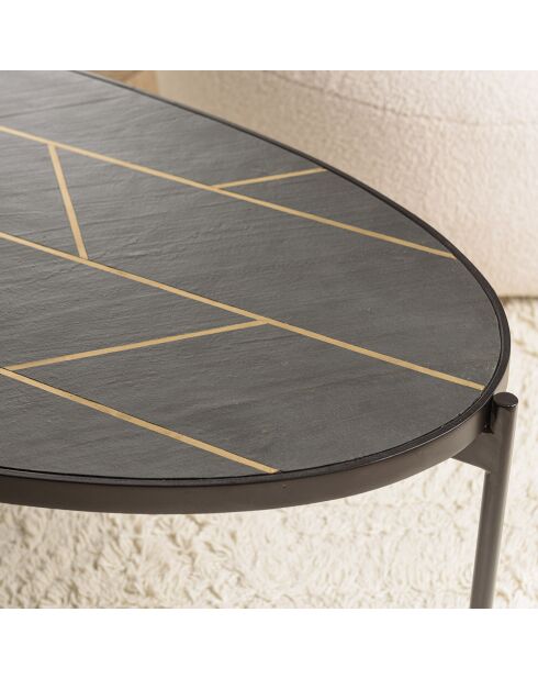 Table basse ovale effet pierre motifs Basile noir/doré - 131x65x40 cm