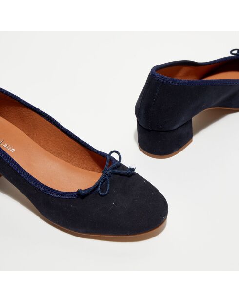 Ballerines trotteurs en Velours de Cuir Diane bleu marine - Talon 4 cm