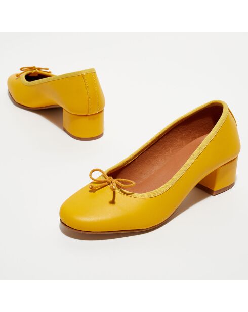 Ballerines trotteurs en Cuir Diane jaune moutarde - Talon 4 cm