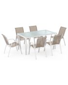 Salon de jardin Minorca 6 places en textiléne et verre trempé blanc/beige