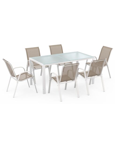 Salon de jardin Minorca 6 places en textiléne et verre trempé blanc/beige