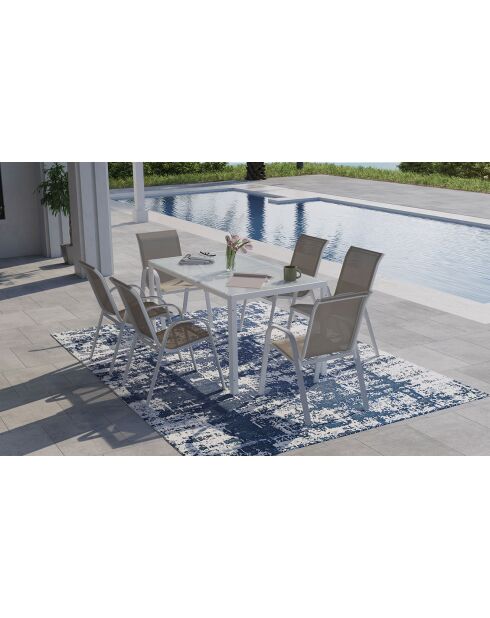 Salon de jardin Minorca 6 places en textiléne et verre trempé blanc/beige