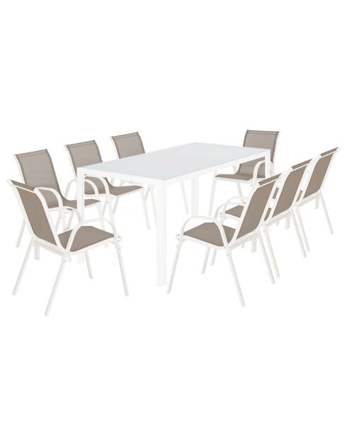 Mobili da giardino Minorca a 8 posti in textilene e vetro temperato bianco/beige