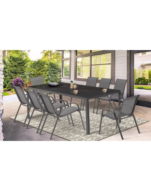 Salon de jardin Minorca 8 places en textiléne et verre trempé gris anthracite
