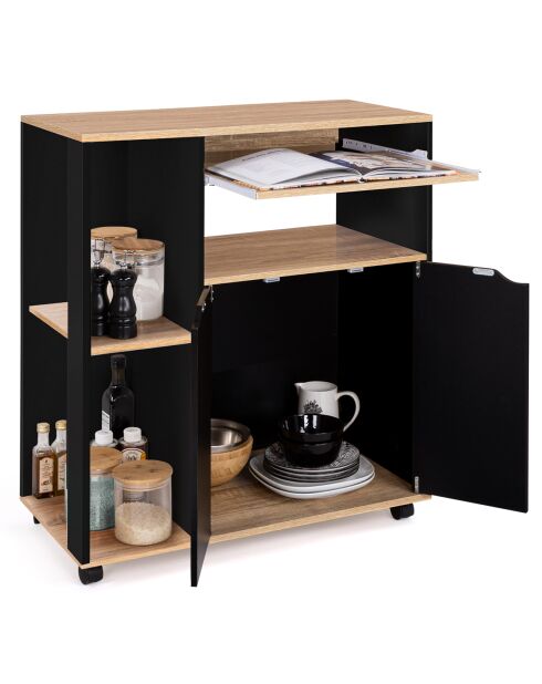Keukenwagen op wielen met zwart/houten opbergruimte - 76x39,5x85 cm