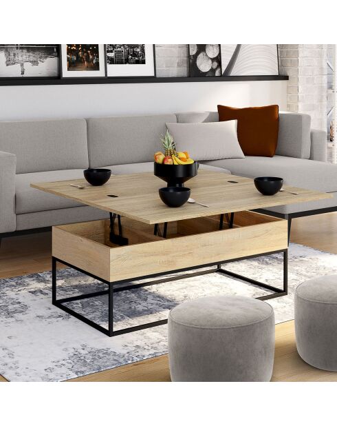 Table basse relevable et extensible Memphis bois/noir - 100x55x40.5/54.5cm