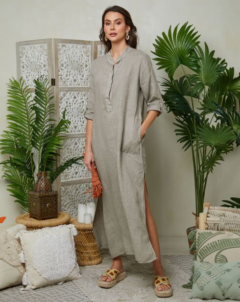 Agathe taupe jurk van 100% linnen