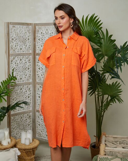 Orangefarbenes Kleid Alma aus 100% Leinen