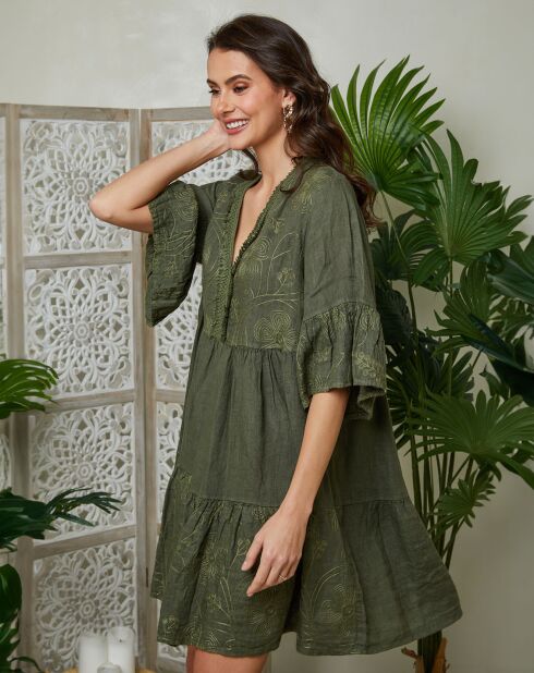 Mathilde kaki jurk van 100% linnen