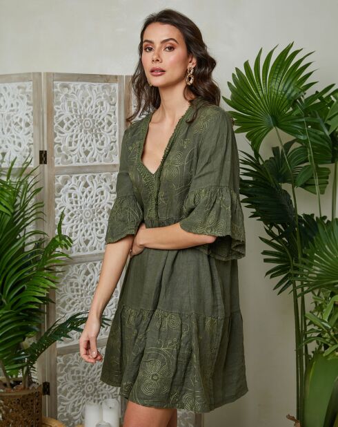 Mathilde kaki jurk van 100% linnen