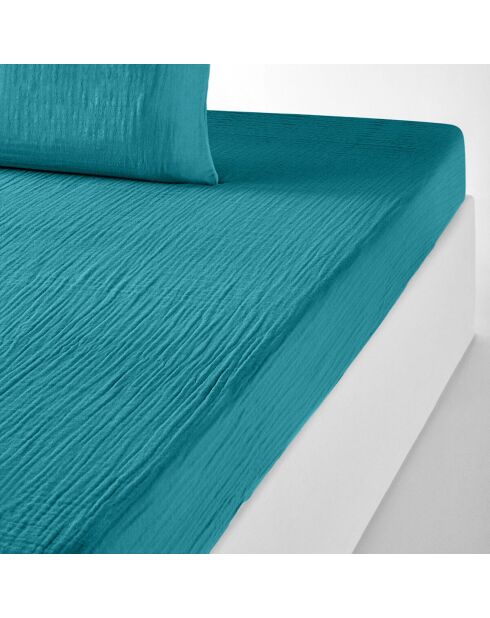 Drap housse 100% Gaze de coton bonnet 30 cm bleu
