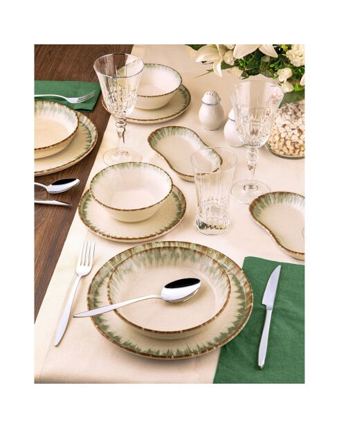 Service de table en porcelaine - 27 pièces vert/marron/blanc