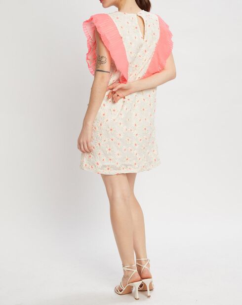 Robe brodée Daisy écru/rose fluo