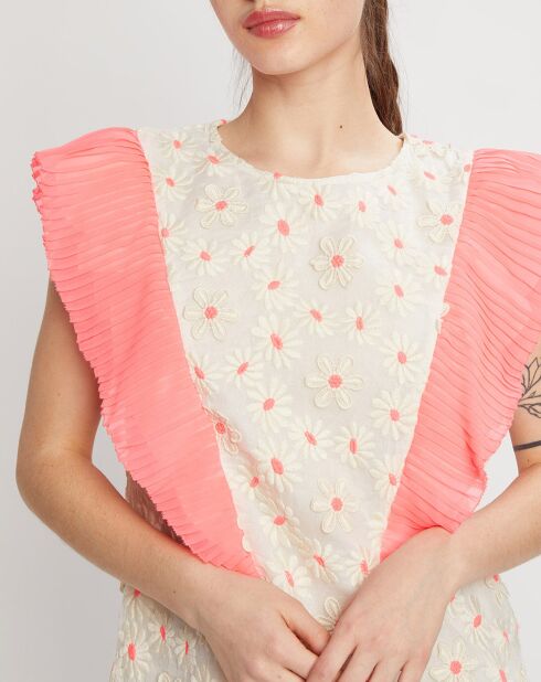 Robe brodée Daisy écru/rose fluo