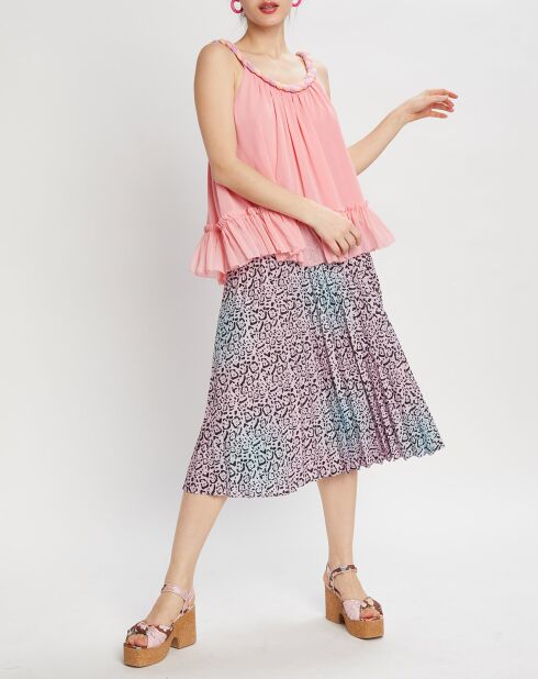 Jupe midi plissée panthère  bleu/rose