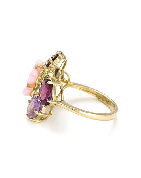 Engelse tuinring Amethist 1,55 ct Granaten 0,30 ct Granaten 0,30 ct Peridot 0,13 ct Rhodoliet 0,95 ct Topazen 0,24 ct en geelgoud Parelmoer