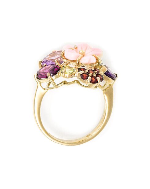Bague Jardin anglais Améthystes 1.55 ct Grenats 0.30 ct Péridot 0.13 ct Rhodolite 0.95 ct Topazes 0.24 ct & Nacre or jaune