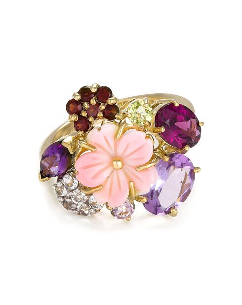 Engelse tuinring Amethist 1,55 ct Granaten 0,30 ct Granaten 0,30 ct Peridot 0,13 ct Rhodoliet 0,95 ct Topazen 0,24 ct en geelgoud Parelmoer