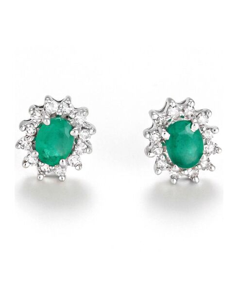 Boucles d'oreilles Etoiles Diamants 0.12 ct & Emeraudes 0.3 ct or blanc