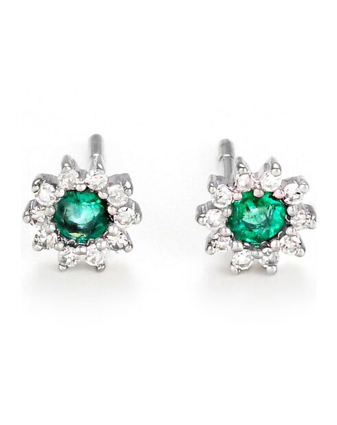 Boucle d'Oreilles Marguerite Emeraude 0.24 ct Diamant 0.1 ct or blanc