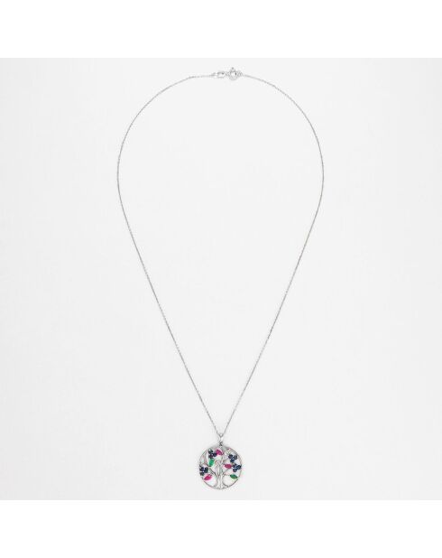 Pendentif Arbre à fleurs Diamants 0.02 ct Saphirs 0.72 ct Rhodolites 0.36 ct & Emeraudes 0.16 ct or blanc