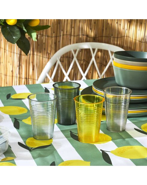 12 Gobelets en plastique jaune/gris/vert - 7x10x7 cm