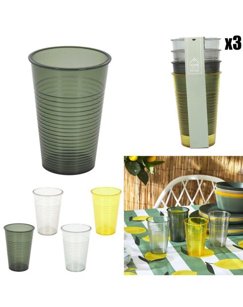 12 Gobelets en plastique jaune/gris/vert - 7x10x7 cm