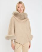 Poncho 100% cachemire con bordi in pelliccia di volpe Wskit1 beige