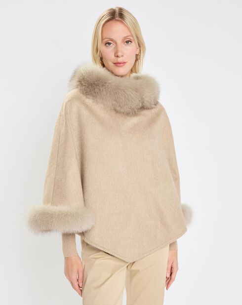 Poncho 100% cachemire con bordi in pelliccia di volpe Wskit1 beige