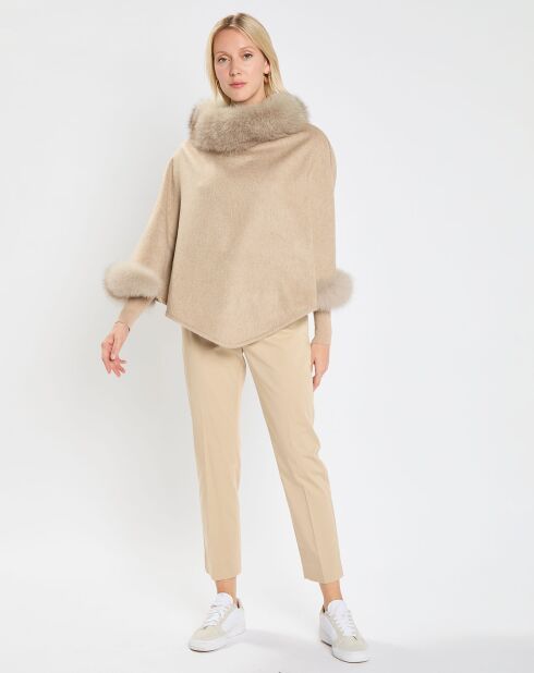 Poncho 100% cachemire con bordi in pelliccia di volpe Wskit1 beige