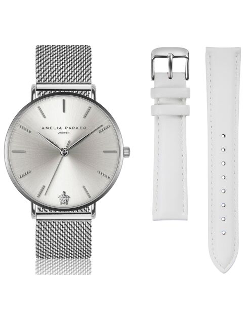 Set Montre Femme 2 Bracelets Capsule en Acier & Cuir argenté/blanc