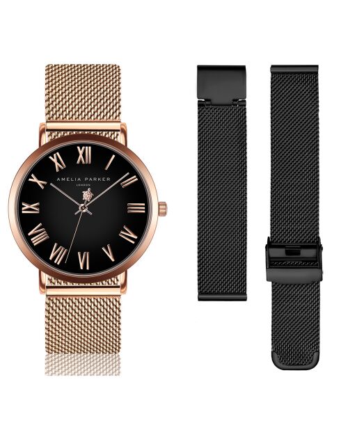 Set Montre Femme 2 Bracelets Grand en Acier rose doré/noir