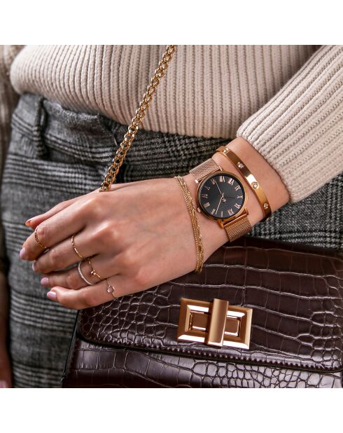 Set Montre Femme 2 Bracelets Grand en Acier rose doré/noir