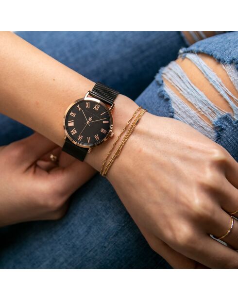 Set Montre Femme 2 Bracelets Grand en Acier rose doré/noir