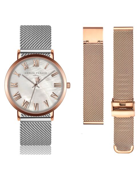 Set Montre Femme 2 Bracelets Classique en Acier argenté/rose doré