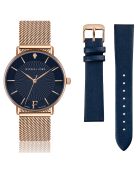 Set Montre Femme 2 Bracelets Florence en Acier, Cuir & Diamant rose doré/bleu marine
