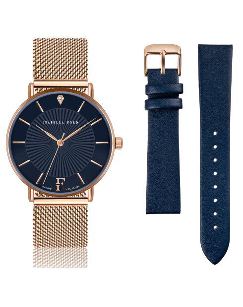 Set Montre Femme 2 Bracelets Florence en Acier, Cuir & Diamant rose doré/bleu marine