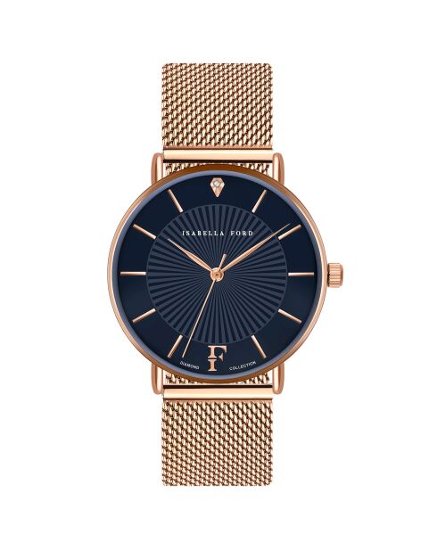 Set Montre Femme 2 Bracelets Florence en Acier, Cuir & Diamant rose doré/bleu marine