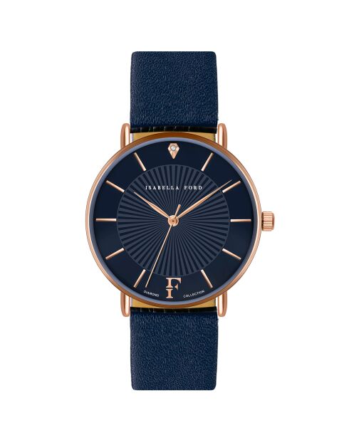 Set Montre Femme 2 Bracelets Florence en Acier, Cuir & Diamant rose doré/bleu marine