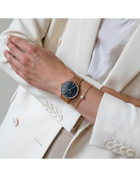 Set Montre Femme 2 Bracelets Florence en Acier, Cuir & Diamant rose doré/bleu marine