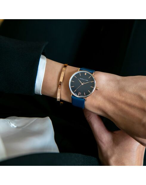 Set Montre Femme 2 Bracelets Florence en Acier, Cuir & Diamant rose doré/bleu marine